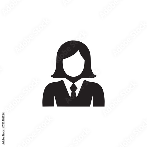 A simple black and white icon of a woman in a suit and tie on a white background in a minimalist style