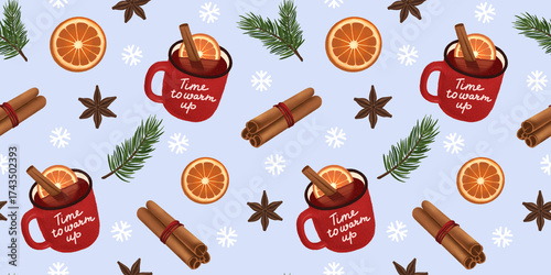 Cozy mulled wine seamless pattern. Winter hot drink design: cinnamon, orange, star anise, red mug “Time to warm up” on a light blue background with snowflakes and pine branches.