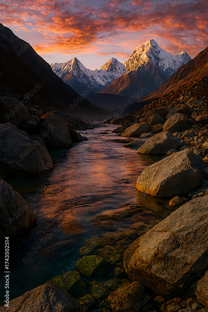 Obraz premium Beautiful mountain landscape river rocks sunset scenic view nature photography travel destination outdoors