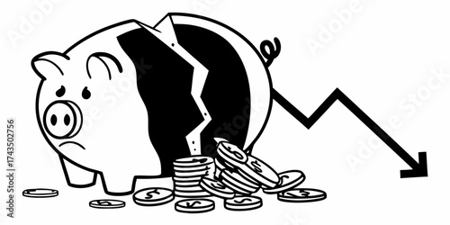 Broken piggy bank with sad face and coins scattered around accompanied by a downward trending arrow