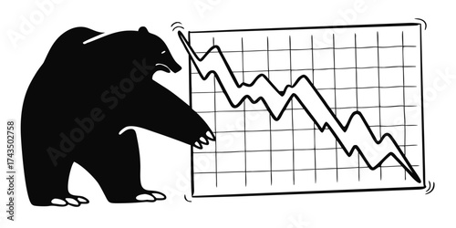 A black bear standing next to a graph showing a downward trend in a black and white illustration