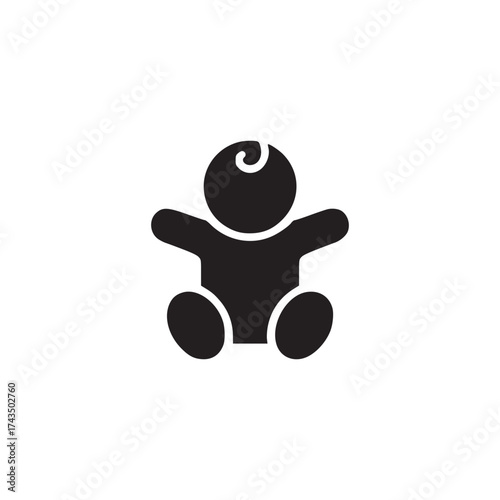 A simple black silhouette of a baby sitting with arms outstretched on a white background isolated image