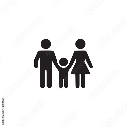 A simple black and white illustration of a family consisting of a father mother and child together