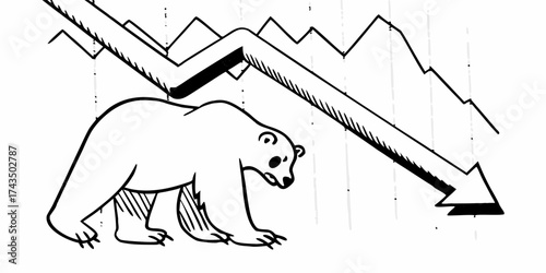 Illustration of a bear walking under a downward trending arrow and line graph in black and white