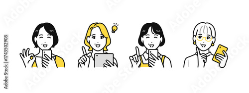 スマホやタブレットなどのデジタル機器を見て喜ぶ中年女性のシンプルなアイコンセット