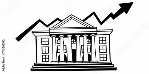 Illustration of a building with columns and an upward trending arrow in black and white style art