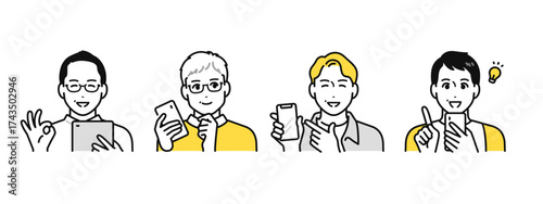 デジタル活用で笑顔になる中年男性のスマホ活用アイコンセット