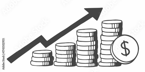 Illustration showing stacks of coins increasing in height with an upward trending arrow line