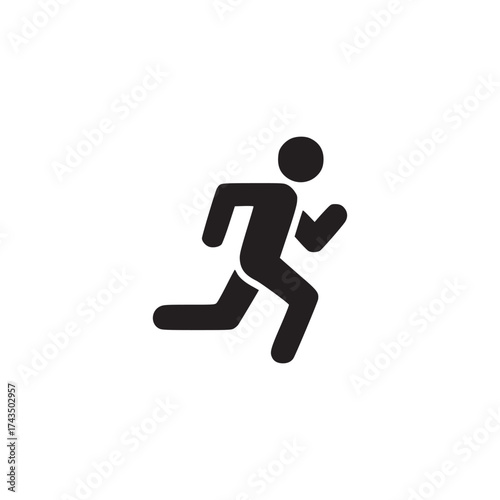A simple black and white image showcasing a running figure icon on a plain white background design art