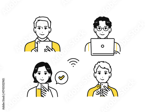 スマートフォン タブレット パソコン 中年男女 イラスト アイコン