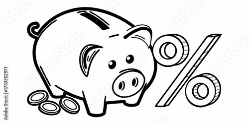 A piggy bank with coins and a percentage sign in black and white line art style illustration here now