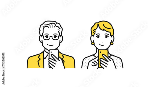 スマートフォン シニア夫婦 ベクター イラスト アイコン