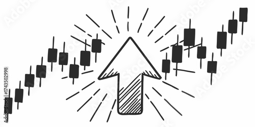 Upward trending stock market chart with candlestick patterns and a rising arrow pointing upwards