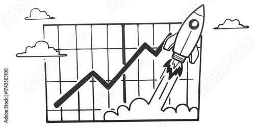 Line drawing of a rocket launching next to a graph with clouds in the background in black and white