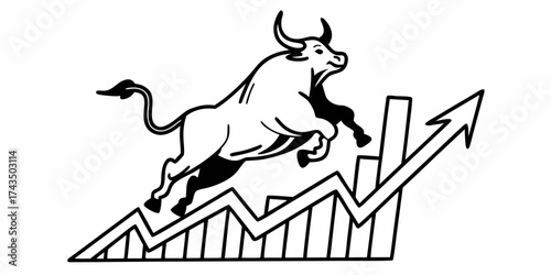 Illustration of a bull leaping over a rising bar graph and an upward trending arrow line in black and white