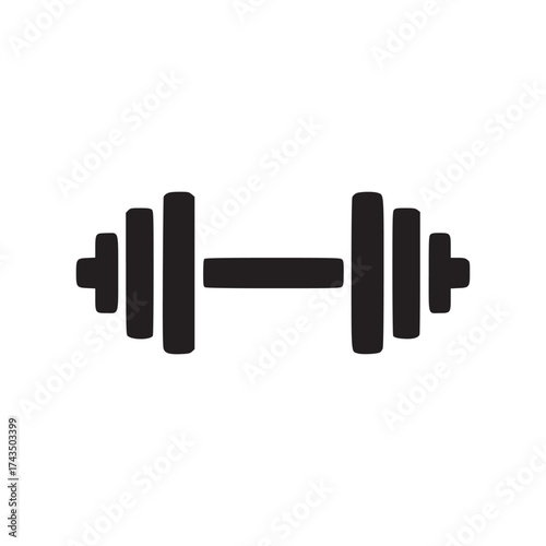 A simple black dumbbell icon centered on a plain white background for fitness and exercise themes use