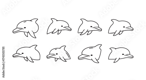 Eight hand drawn dolphin silhouettes expressing various happy and playful emotions and poses vector