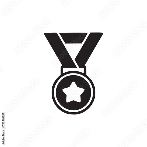 A black and white illustration of a medal with a star on it hanging from a ribbon like decoration