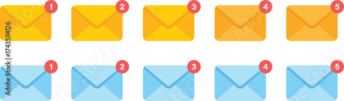 Email Notification Icon Set – Envelope with Message Alert Badges for Communication and UI Design