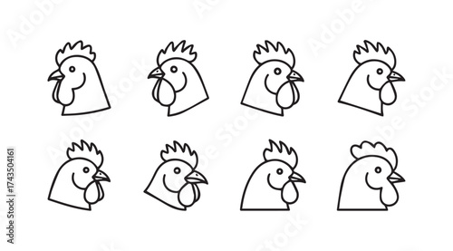 Collection of eight stylized rooster head icons with different angles and expressions vector