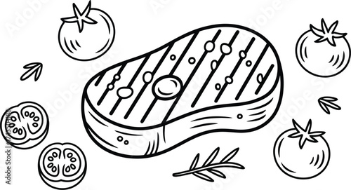 Illustration of grilled steak with tomatoes and rosemary
