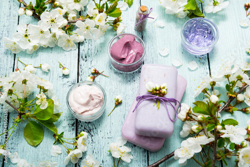 cosmetics, soaps and cherry flowers