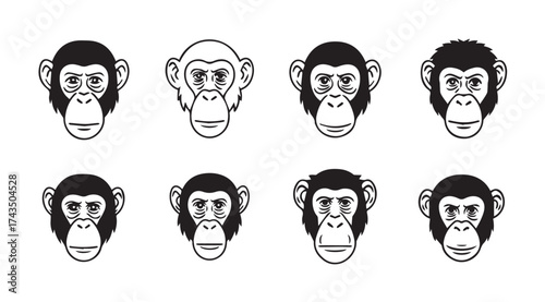 Multiple monkey faces set expressing different emotions stylized artistic renderings vector