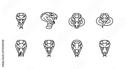 Collection of stylized cobra snake heads facing forward for graphic design elements vector