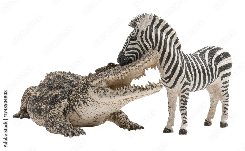 Naklejka premium Crocodile and zebra playful interaction animal figurines isolated on transparent background