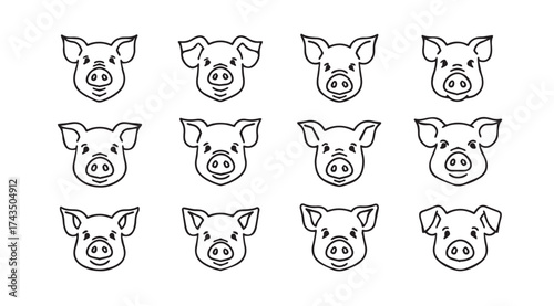 Collection of cute pig faces expressing different emotions and styles for agricultural or farm themes vector