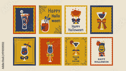Vintage Halloween Drink Poster Set Trendy Creepy Banner collection with  spooky beverages, cocktails, coquette bows, postage stamp frames, handwritten quote phrase text. Vector illustration