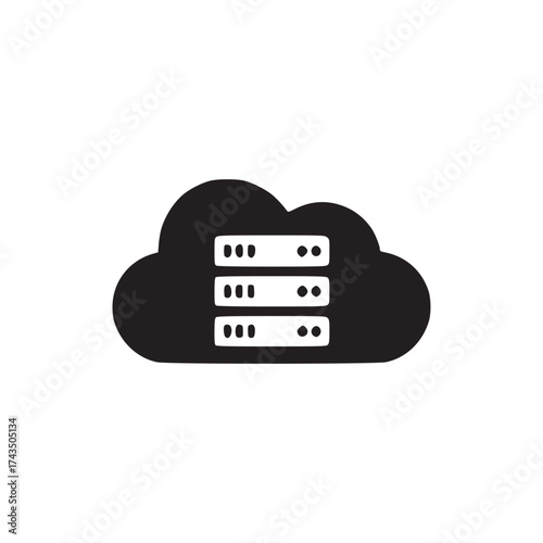 A simple black and white graphic of a cloud with a server rack inside on a white background plain view