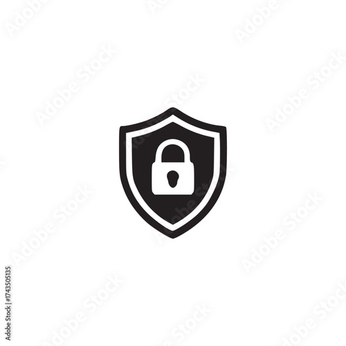 A simple black and white illustration of a shield with a padlock inside on a plain white background