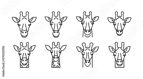 Collection of eight stylized giraffe heads drawn with sketchy lines for nature wildlife art vector