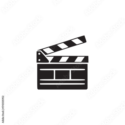 A black and white illustration of a clapperboard with a striped top on a white background space filling