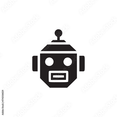 A simple black robot head icon with square ears and a small antenna on a plain white background