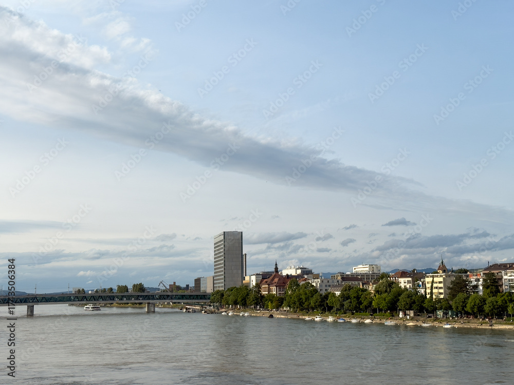 Naklejka premium Riverfront Cityscape High Rise Office Building Bridge