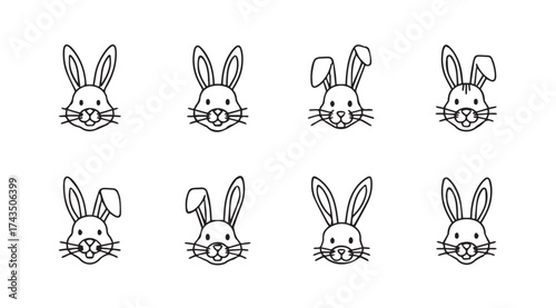 Collection of cute hand drawn bunny rabbit heads with expressive faces for easter and spring vector