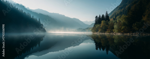 Misty mountain lake at sunrise with forested shore and calm reflective water creating serene mood