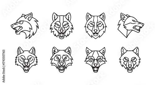Set of eight distinctive wolf head emblems featuring fierce expressions and stylized designs vector