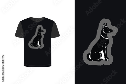Tshirt mockup dog silhouette sitting upright with perked ears dark vector