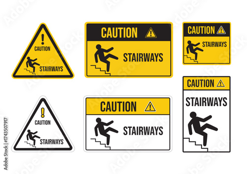 Set of various warning signs indicating caution and danger on stairways to prevent falls. Safety concept.