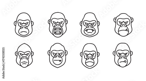 Collection of eight hand drawn gorilla head illustrations expressing different emotions and moods vector