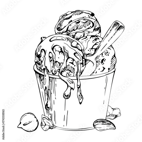Sorbet gelato served in recyclable paper cup, plastic spoon, chocolate syrup sprinkle, nuts mix. graphic illustration hand drawn in vector ink. Patisserie branding, gourmet packaging, kitchen print