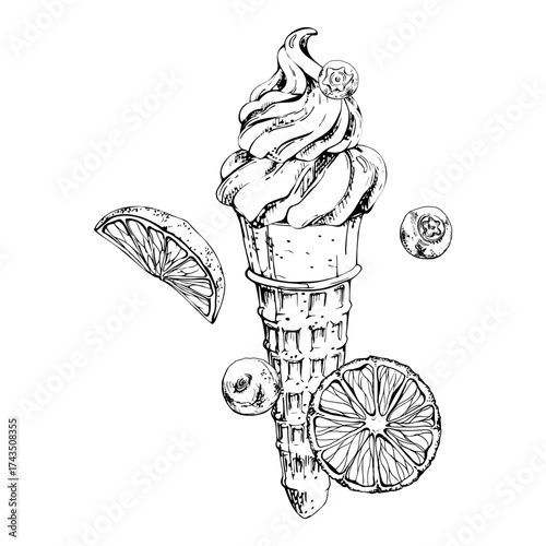 Wafer cone of soft ice cream swirl with fresh orange slices, blackberry blueberry berries. graphic illustration hand drawn in vector ink. Summer fair treat label, frozen dessert menu, party invite