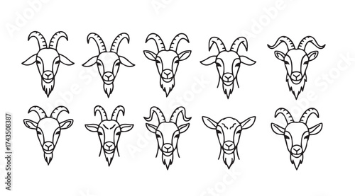 Collection of diverse goat head silhouettes artistic hand-drawn designs for symbolism and design elements vector