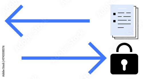 Two arrows signify data transfer between files and lock, representing secure document exchange. Ideal for communication, technology, cybersecurity, encryption, networking, file sharing, digital