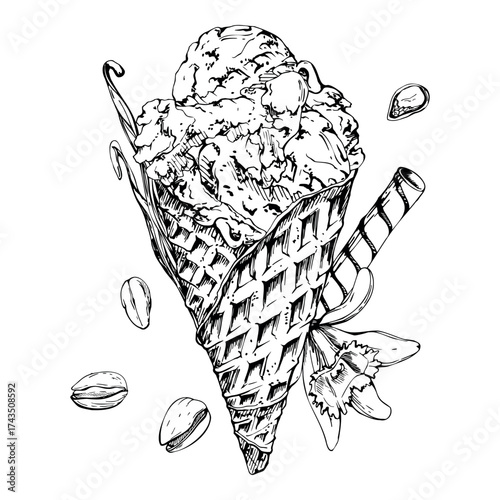 Ice cream in crisp waffle cone, crushed pistachio nuts topping, vanilla flower seed pods. graphic illustration hand drawn in vector ink. Natural flavor label, botanical product tag, vegan food art