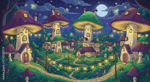 Enchanting Mushroom Village - A Whimsical Nighttime Scene.