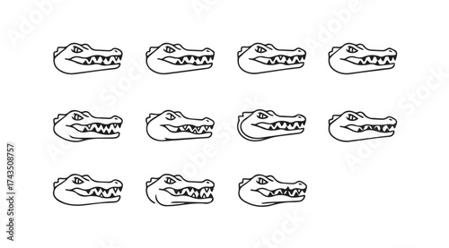 Hand drawn crocodile head variations expressing different emotions and positions in a collection vector